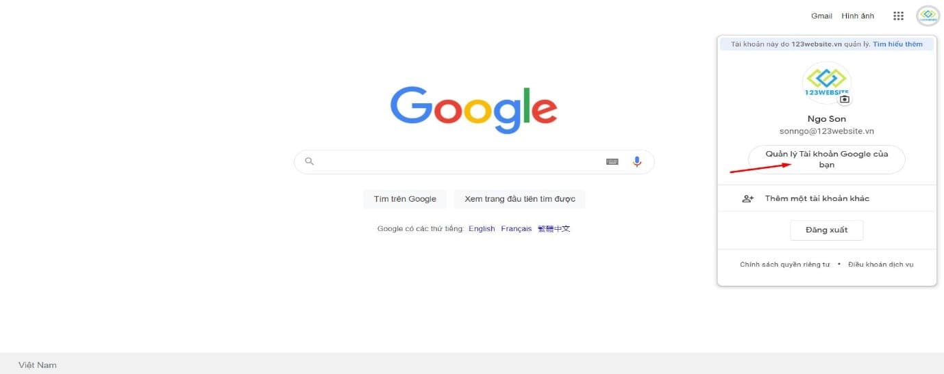 Đăng nhập Gmail và vào Quản lý tài khoản Google