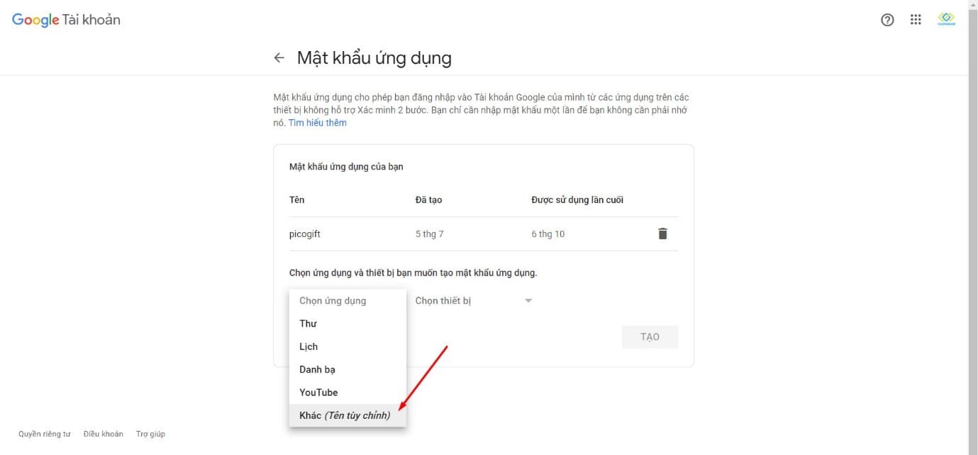 Chọn Khác và nhập tên tùy chỉnh