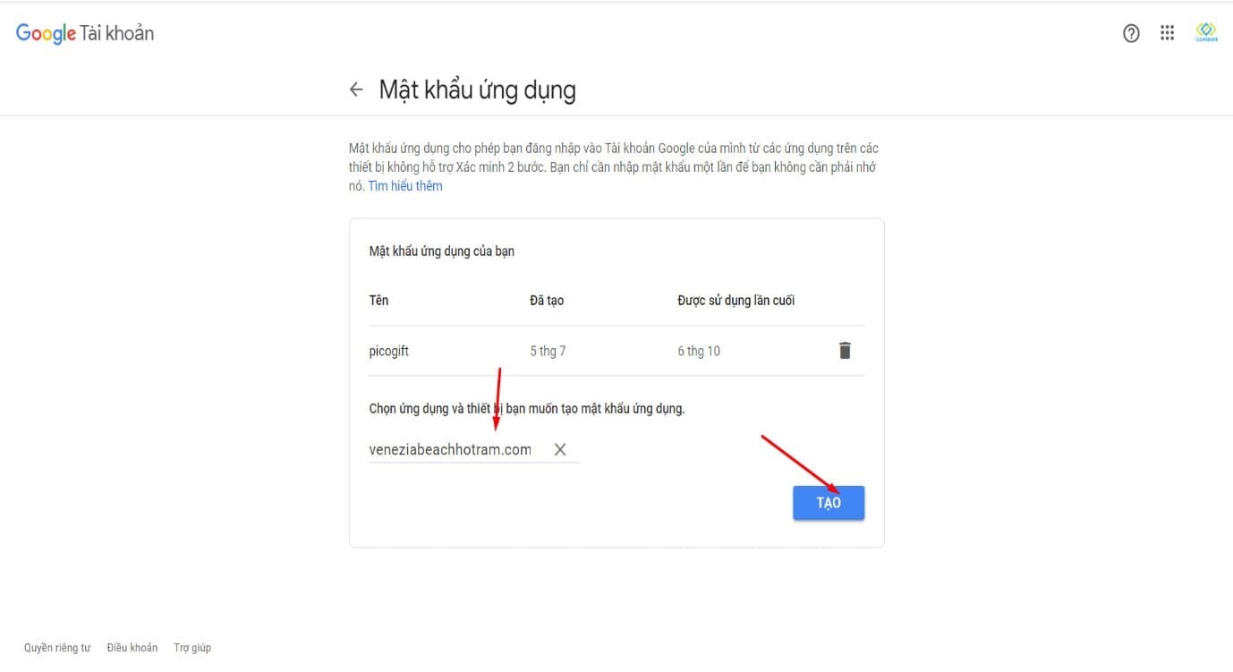 Nhập tên domain và click TẠO