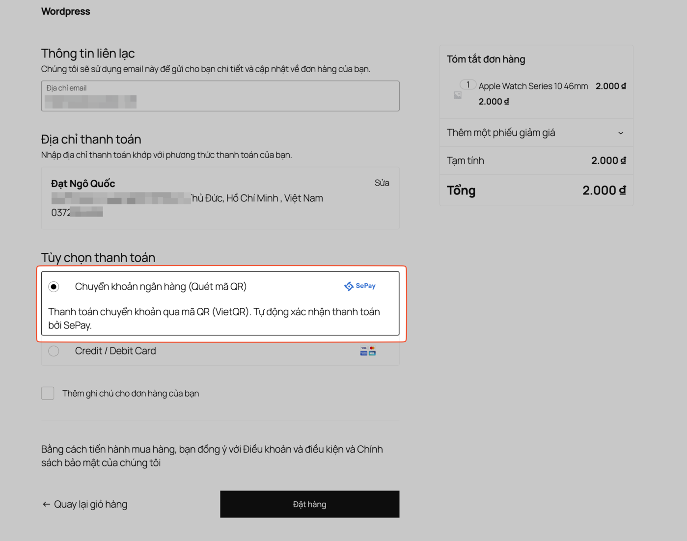 Tùy chọn thanh toán chuyển khoản