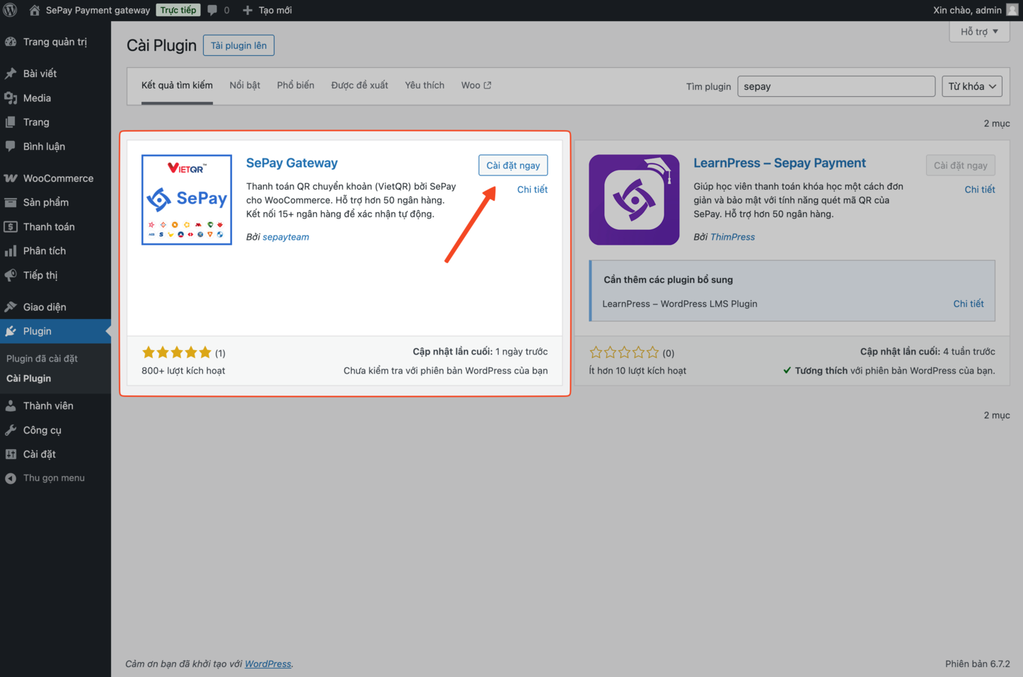 Cài đặt plugin SePay