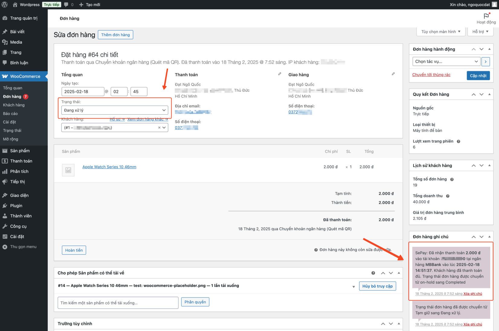 Trạng thái đơn hàng tự động cập nhật