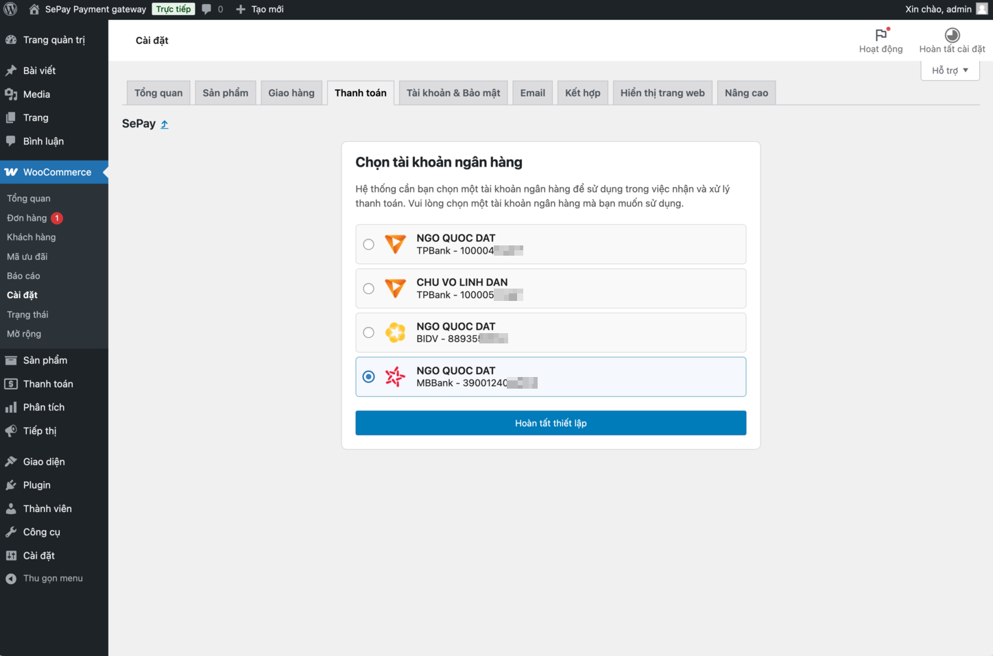 Chọn tài khoản ngân hàng