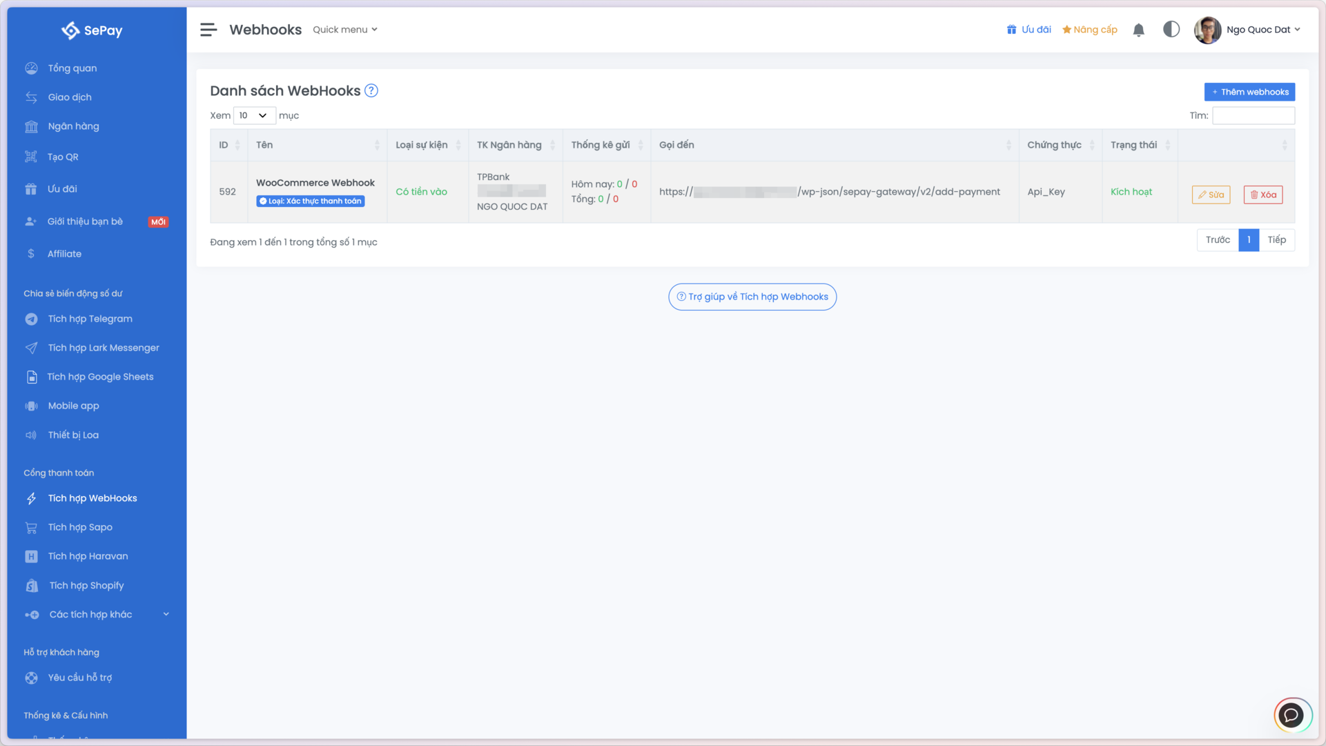 Webhooks đã được tạo